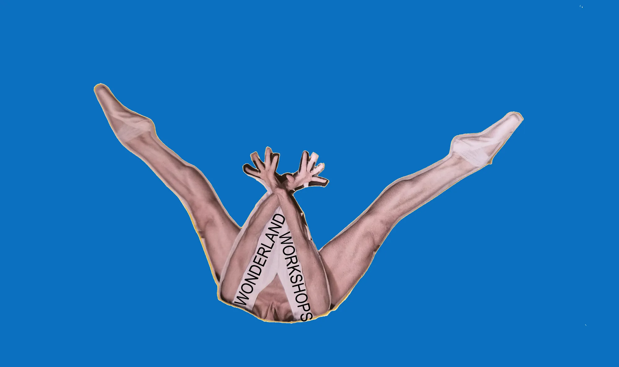 Wonderland Workshops: cut-out collage of a figure with the studio name across it