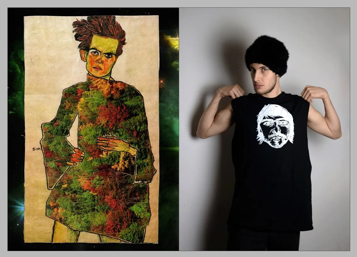 A framed work beside a printed shirt