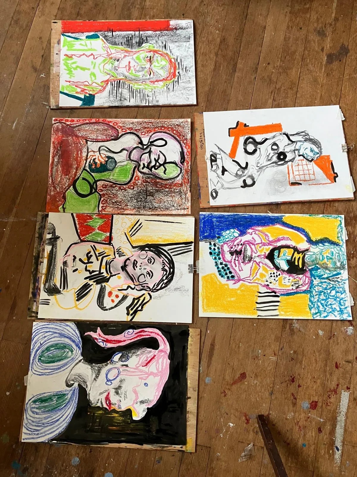 Work from a session laid out on the floor