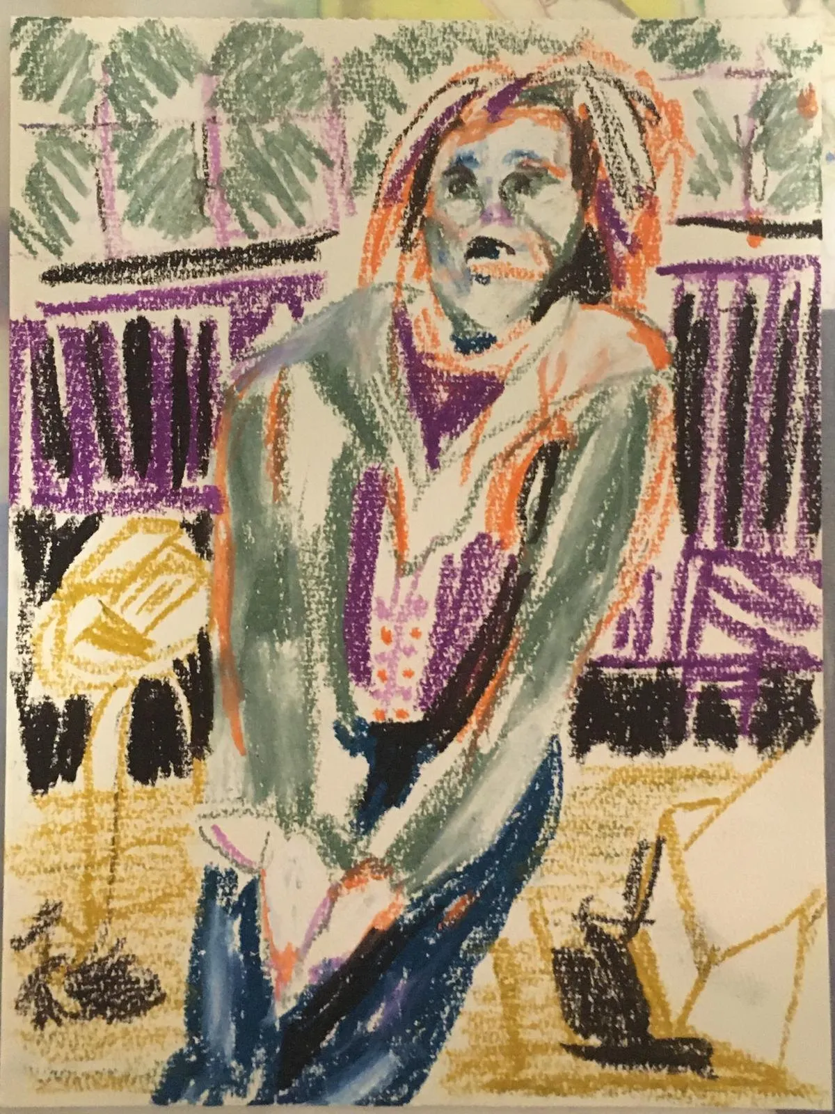 Seated figure in oil pastel on a purple ground