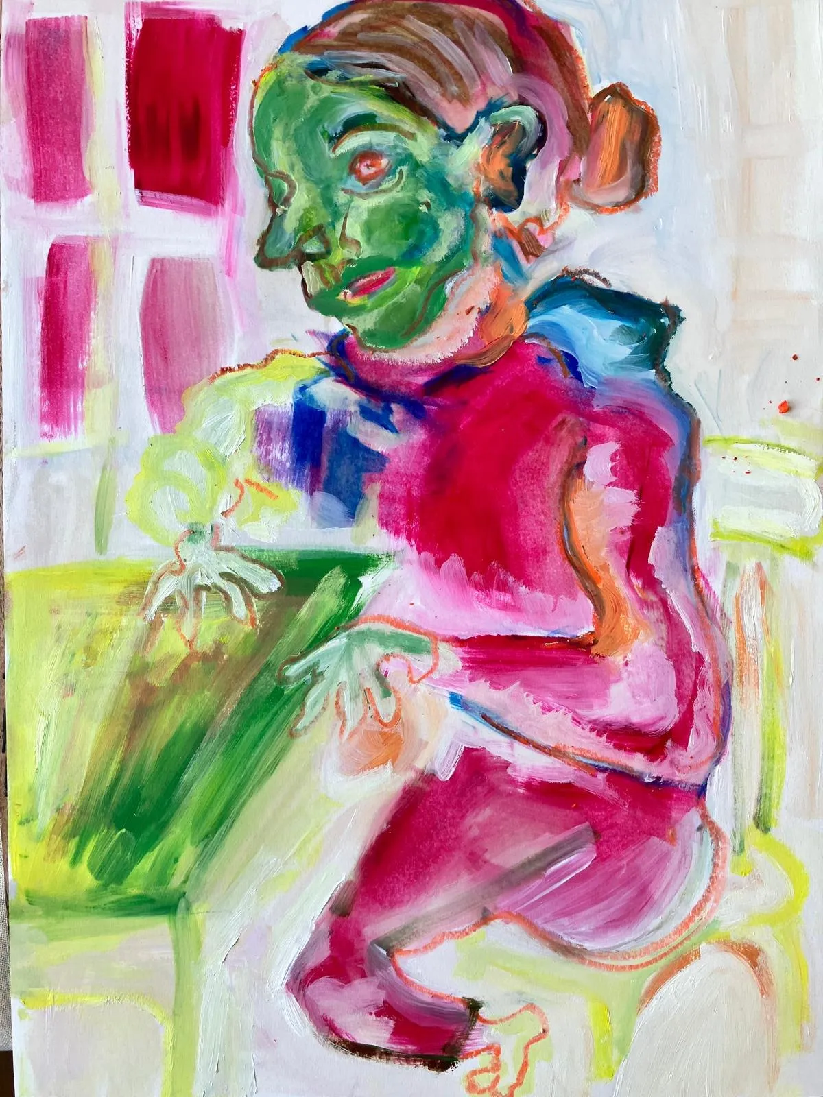 Seated figure in magenta and green