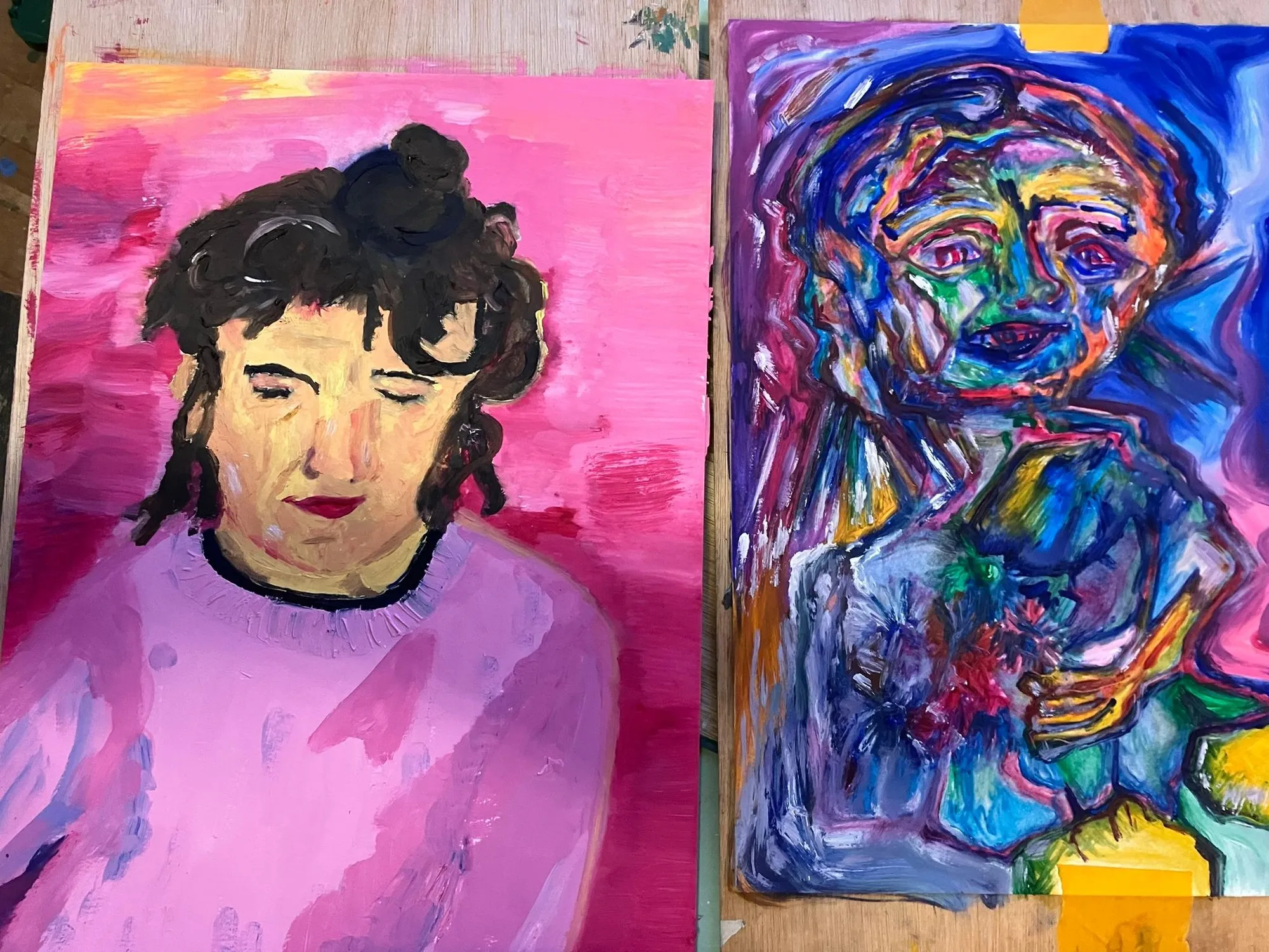Two works in pink and blue