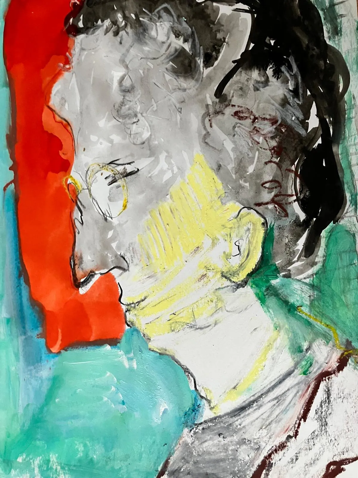 Two profiles in red, grey and yellow