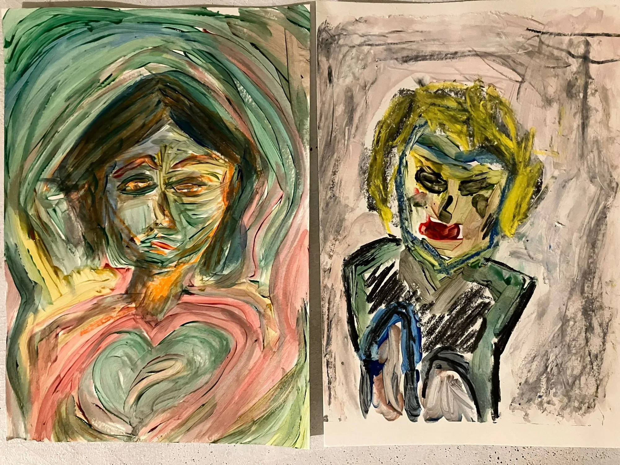 Two portraits in green and yellow